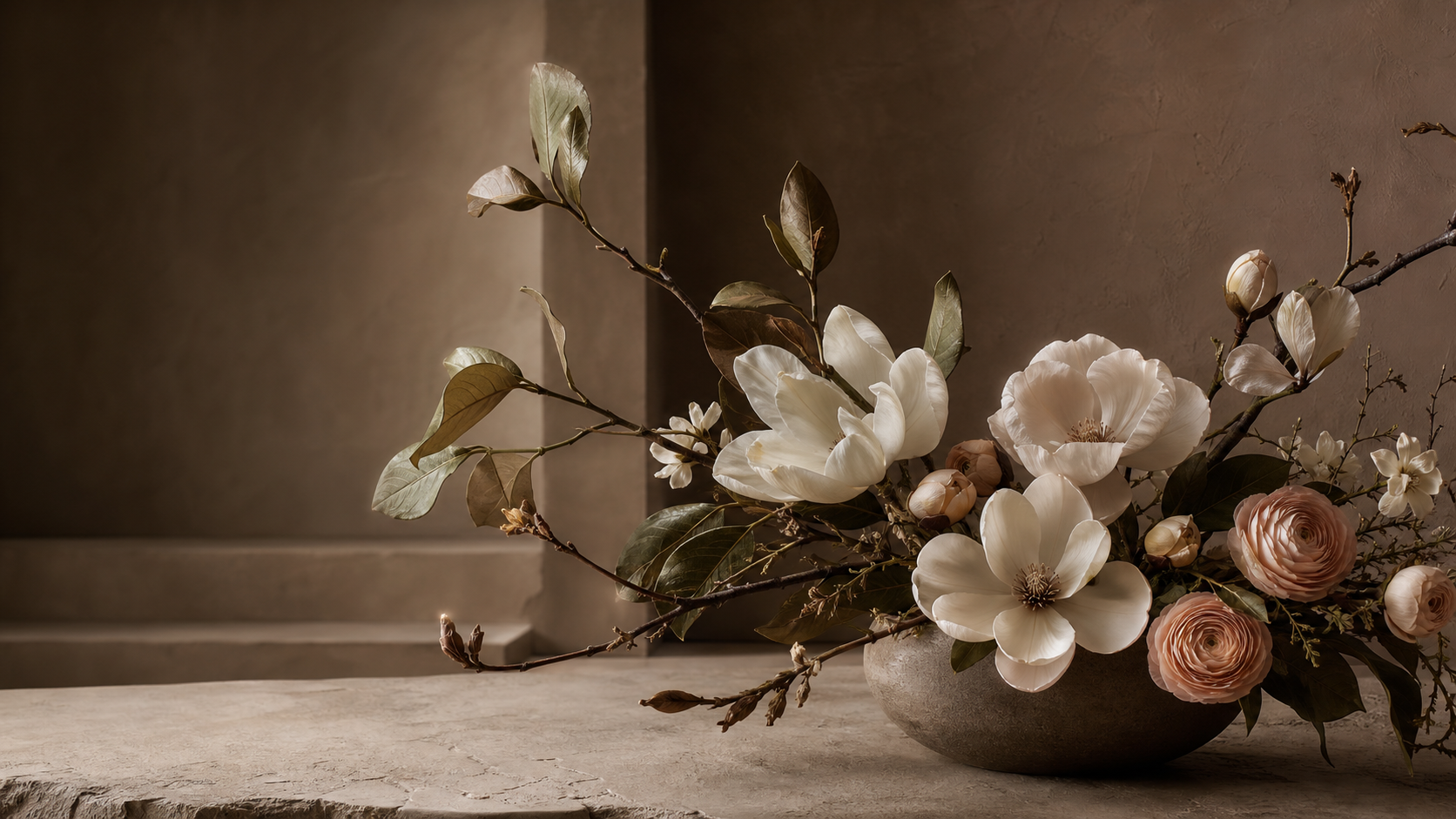 Sculptural Uflora artificial magnolia and ranunculus arrangement